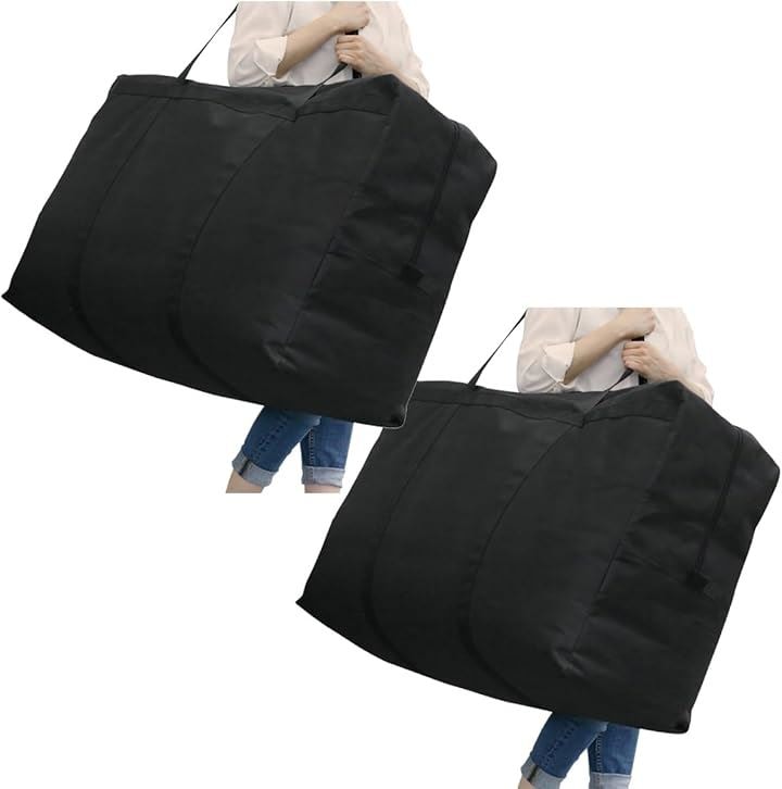 布団収納袋 大容量 持ち手付き ケース 寝具や衣類をまとめて入れられる 軽量 通気性の良い厚手不織布製 バッグ 引っ越し アウトドア(黒色2枚組, 約95x34x高さ60cm)