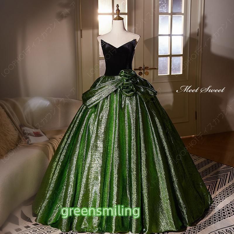 カラードレス プリンセスライン グリーン 緑 ベアトップ ビスチェ ロングドレス ウェディングドレス 結婚式 二次会 花嫁 前撮り 演奏会 発表会 ステージ衣装-48