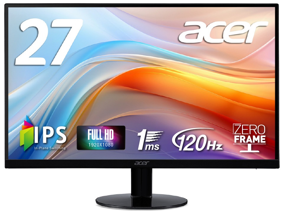 Acerエイサー ゲーミング液晶ディスプレイ(27型/IPS/FullHD 1920×1080/120Hz/1ms/HDMI2.0/ミニD-Sub/VESA/3年保証)(ブラック) SA270G0