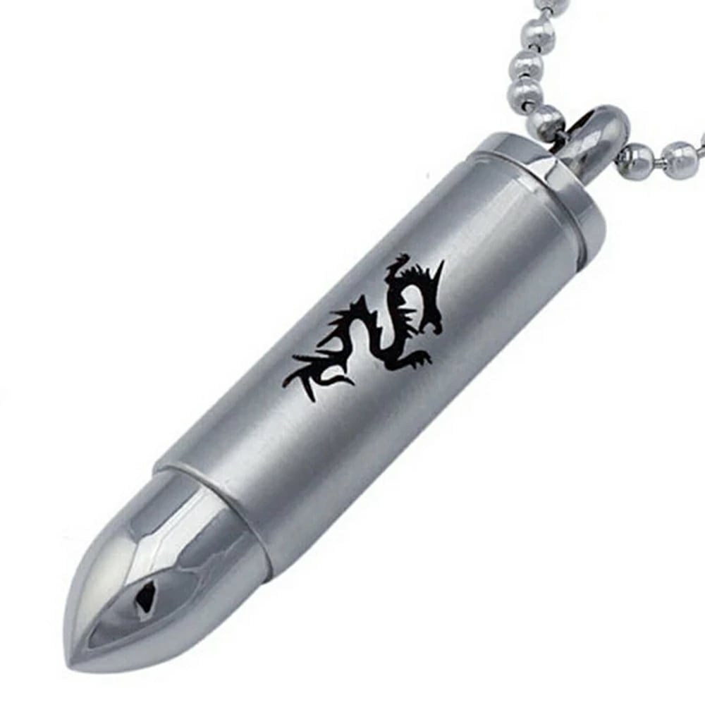 ドラゴン弾丸ステンレスペンダントトップ 1個販売 ピルケース 銃弾 ピストル 鉄砲 龍 竜 銀の弾丸 シルバー 立体 十字架 ネックレス チョーカー 首飾り 男性 女性 stt00-00-0106
