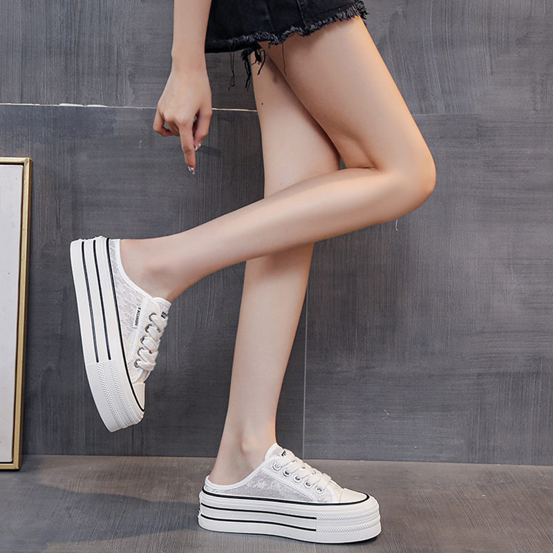 クーポン 走れる かかとなし スニーカー スリッポン レディース レースアップ メッシュ スリッパ風 通気 日常着用 厚底 身長アップ サンダル シークレットシューズ おしゃれ ローカット 綺麗め カ