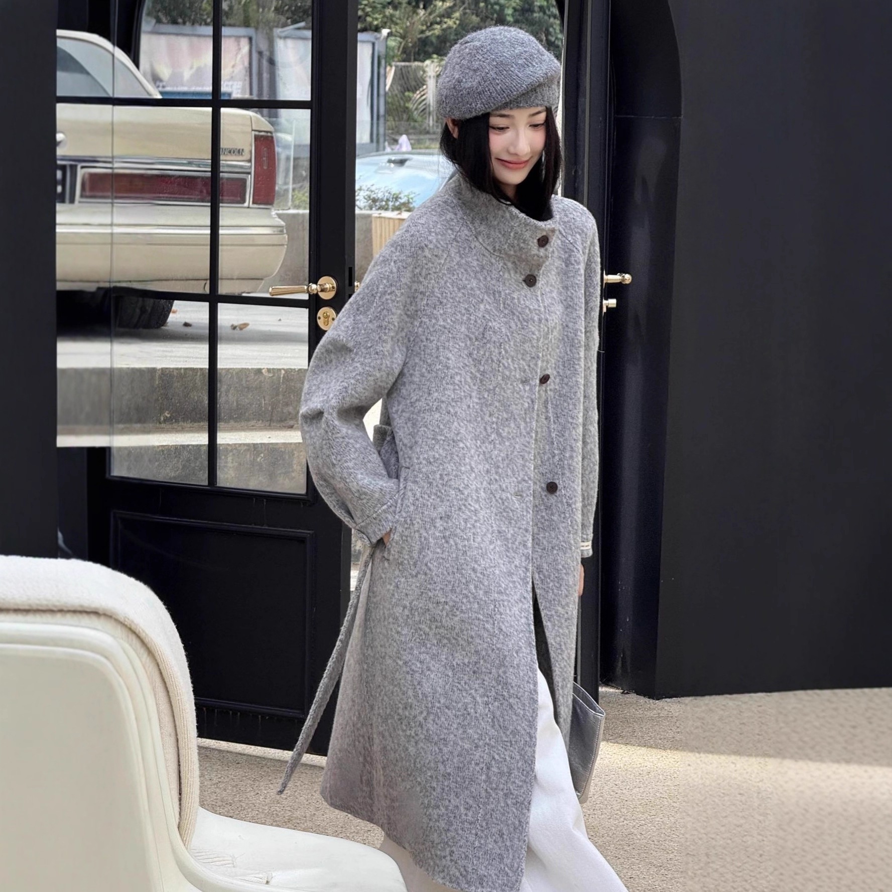 2025新作 Suli ロング両面ウールコート 軽い 感 エレガント レディース秋冬 レース スタンドカラー 両面