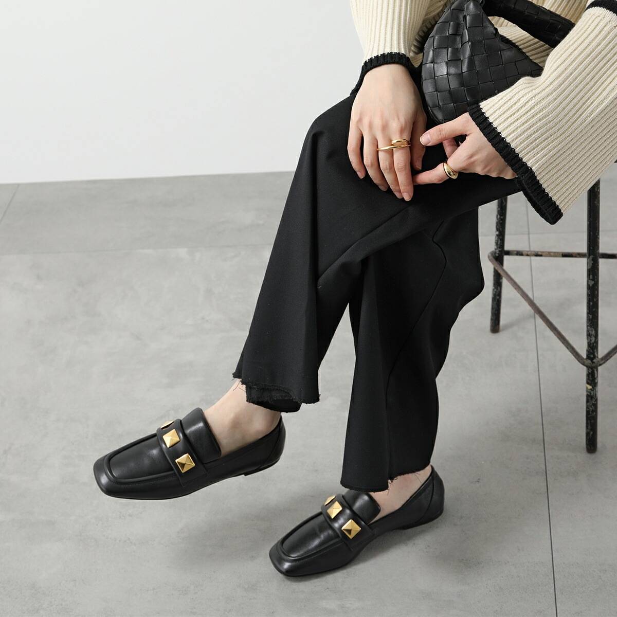 FABIO RUSCONI ファビオルスコーニ ローファー 2209 NAPPA レディース レザー スタッズ装飾 ローヒール 軽量 シューズ 革靴 NERO