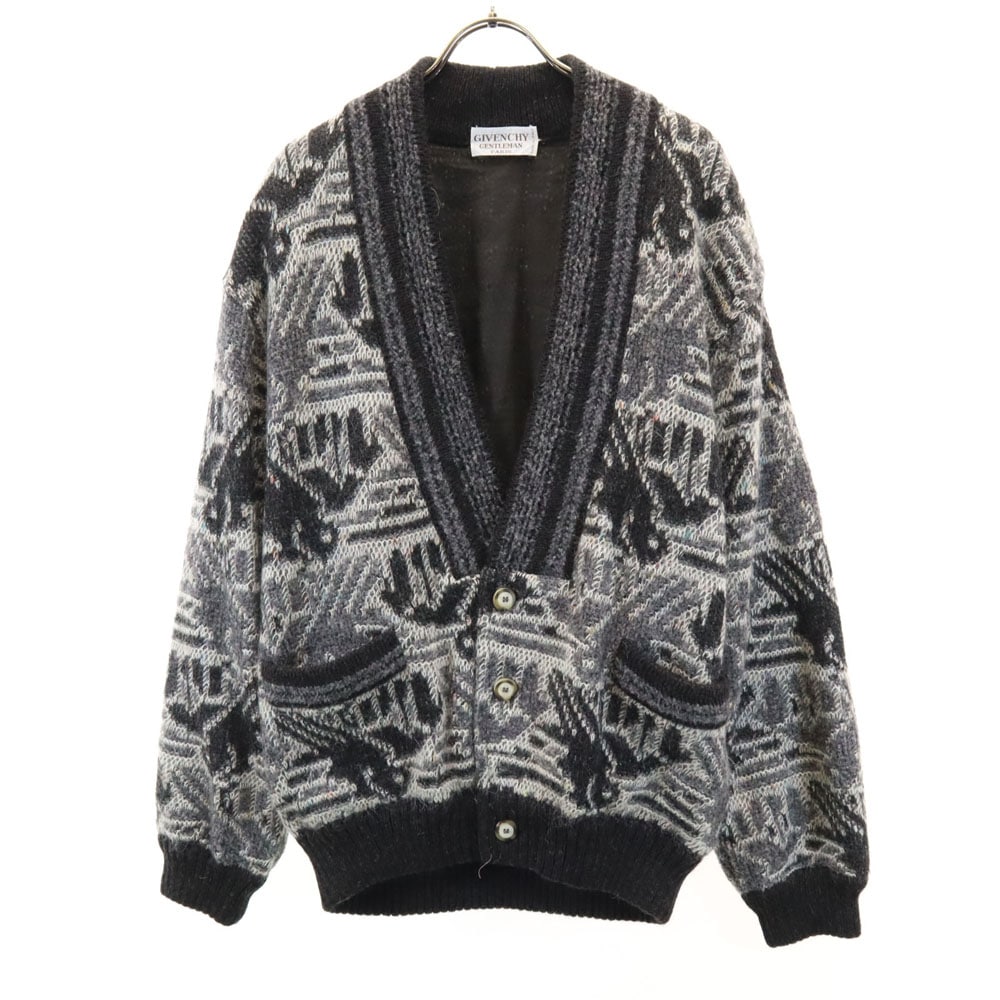 ジバンシイ ジェントルマン 80s 90s イタリア製 アルパカブレンド オールド 総柄 長袖 Vネック ニットカーディガン 46 グレー GIVENCHY GENTLEMAN メンズ