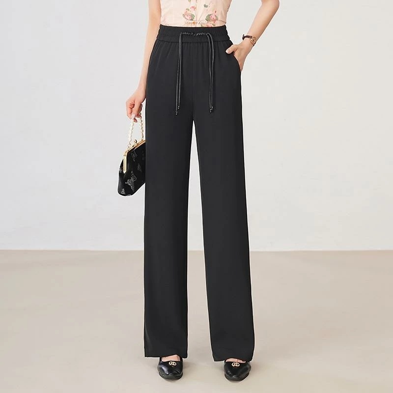 レディース ファッション おしゃれ 上品 シンプル ひんやり 涼しい 快適 ワイドレッグ パンツ 夏 薄手 涼しい 涼しい チャイナ風 パンツ ハイウエスト パンツ ドレープ ブラック ストレート パ