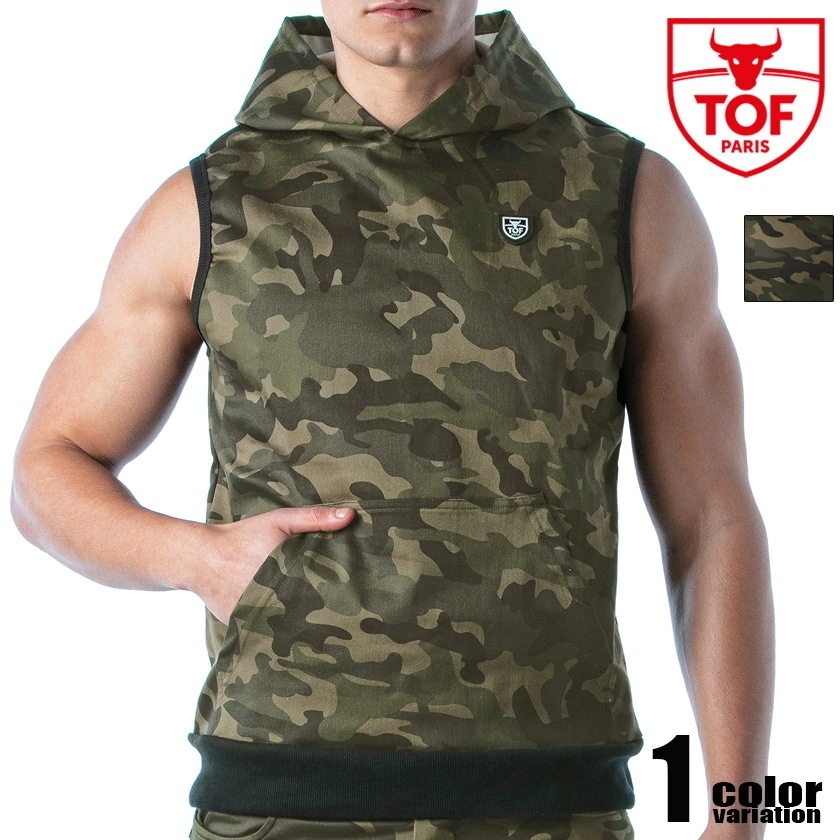 TOF PARIS/Trends Of Friends Army Sleeveless Hoodie迷彩柄 フード付き ノースリーブパーカー 袖なしトップス メンズ ファッション カンガルーポケット
