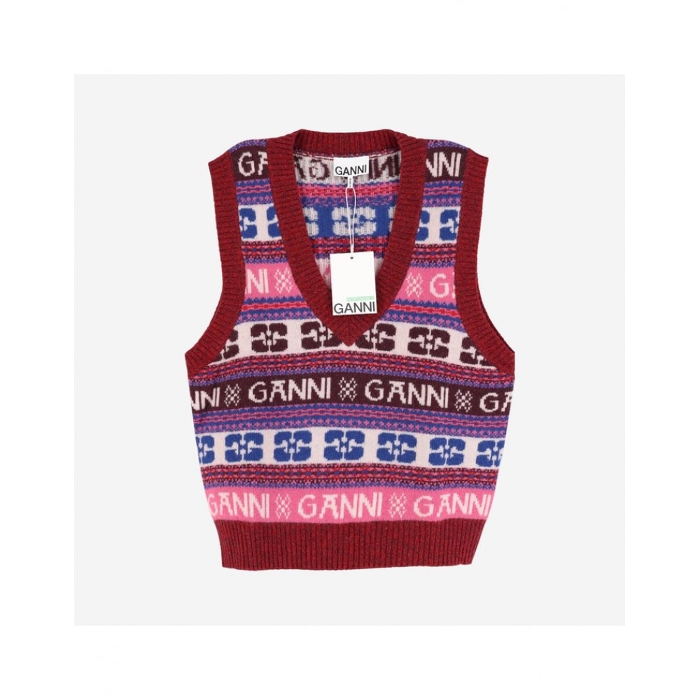 GANI レディースレッド GANNI ロゴストライプウールニットベスト (K2121 999)