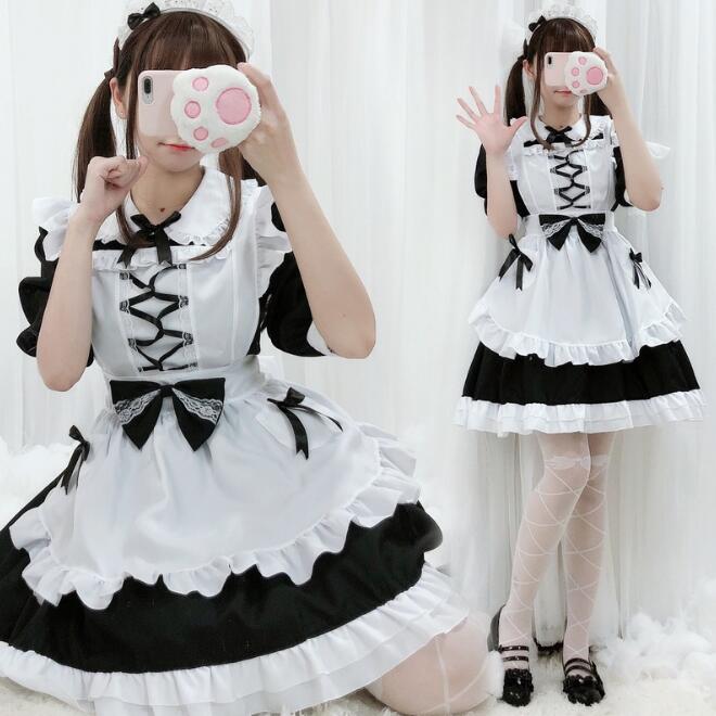 迅速な出荷 コスプレ メイド服 ハロウィン衣装 仮装 変装 コスチューム 3点セット 半袖 ロリータワンピース エプロン リボン フリル 膝丈 黒白 ウェイトレス 可愛い レディース 女子 イベント