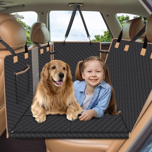 ペット用ドライブシート 犬 - 後部座席 8*ハードボード付き 可視メッシュ窓 防水 汚れ防止 耐摩 滑り止め 水洗い 犬用車シート 安全ベルト付き 収納ポケット付き 取り付け簡単 おでかけ 旅行 ア