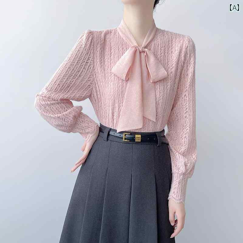 ブラウス 秋冬 レディース ニット 暖かい レース シャツ リボン ボウタイ トップス ファッション 上品 エレガント おしゃれ 7,920円