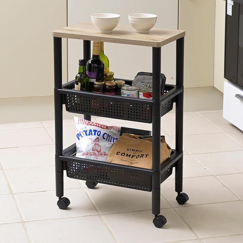 【即納】[山善] ワゴン キャスター付き サイドワゴン 3段 バスケット付き サイドテーブル 幅45.5×奥行29.5×高さ74.5cm ウッドスタイルワゴン キッチン 洗面所 収納 カンタン組立 ブ