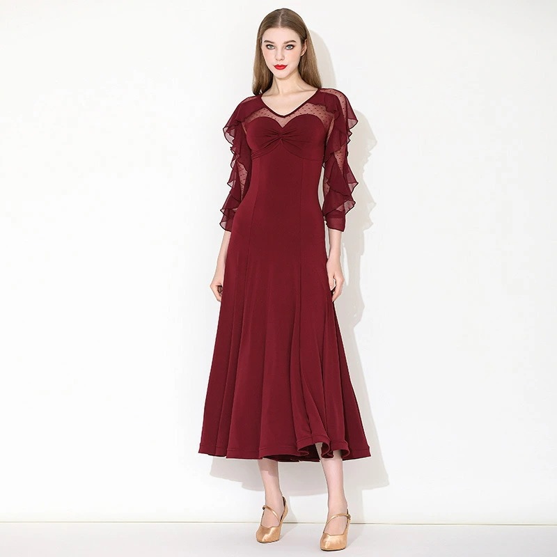 社交ダンスドレス 社交ダンス衣装 モダンドレス ワイン赤 ブルー フレア フリル 可愛い モダンダンス ダンスウェア 水色 ロングドレス ワインレッド ワルツ専用ドレス スタンダード ダンス発表会 競 8,596円