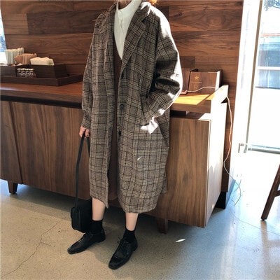 アウター デート コート 上着 ロングコート ロング 袖あり 長袖 柄 冬 10代 20代 30代 個性的 カーキ グレー M L レトロ こなれ感 チェック柄 クール ラフ ルーズ ゆったり