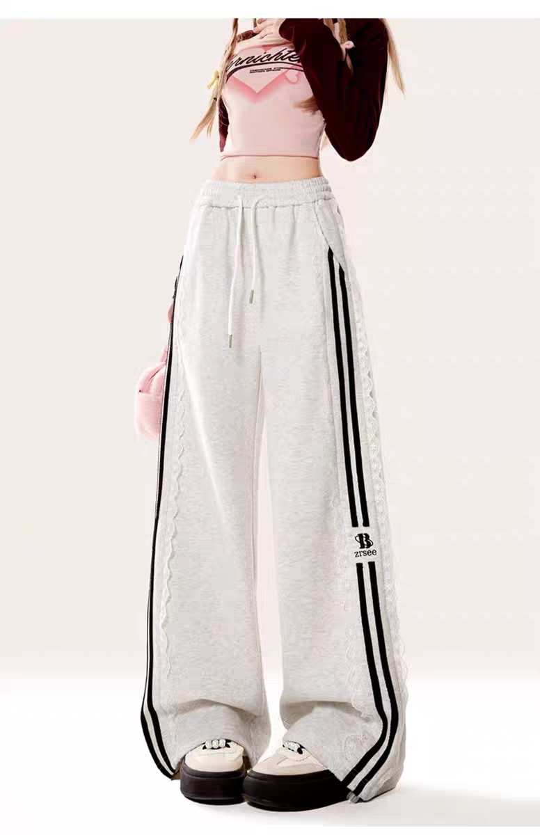 レース付き スウェットパンツ ストレート ワイドパンツ カジュアル ゆったりした ダンス ジャズ ヒップホップ ストリートダンス 秋 冬 リボンレーススウェットパンツ 2024