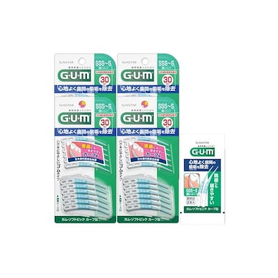 他サイト： 歯周プロケア ソフトピック カーブ型 歯間ブラシ やわらか ゴムタイプ ケース付き サイズ:SSS~S 細いタイプ 30本入×4個パック+おまけ付きの商品画像