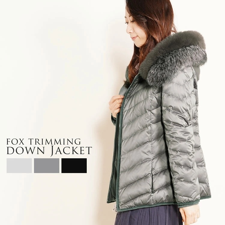ダウンジャケットレディースフード付きフォックスファートリミング