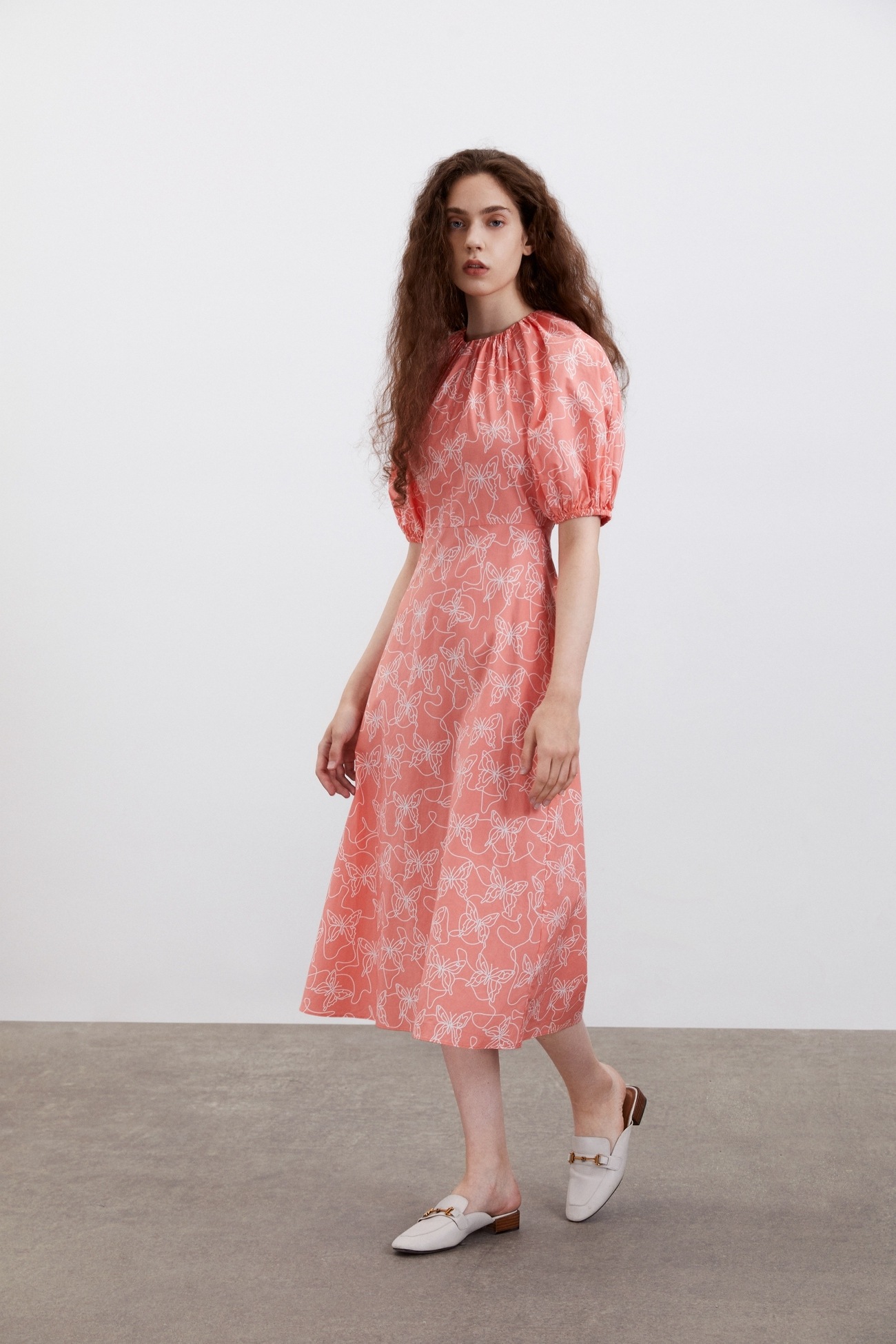 春 夏 レディース バタフライ プリント ロング トレジャー ドレス ワンピース オレンジ ブルー XS S M L XL ワンピース 膝下 袖あり 半袖 かわいい 大人可愛い きれいめ シンプル