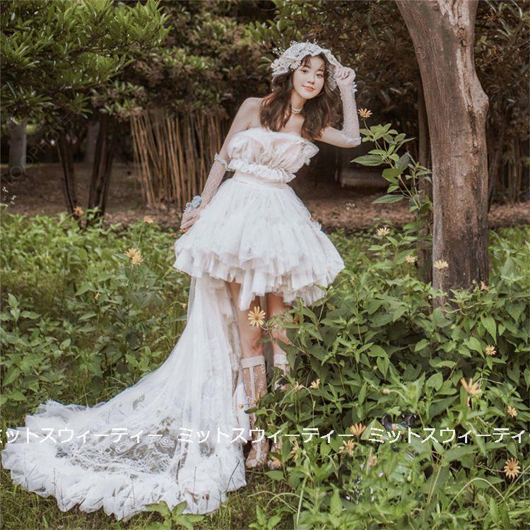 ウェディングドレス 二次会 ミニドレス トレーン リゾートドレス 結婚式 ブライダル ベアトップ 前撮り 海外挙式 花嫁 パーティードレス ガーデンウェディング-65