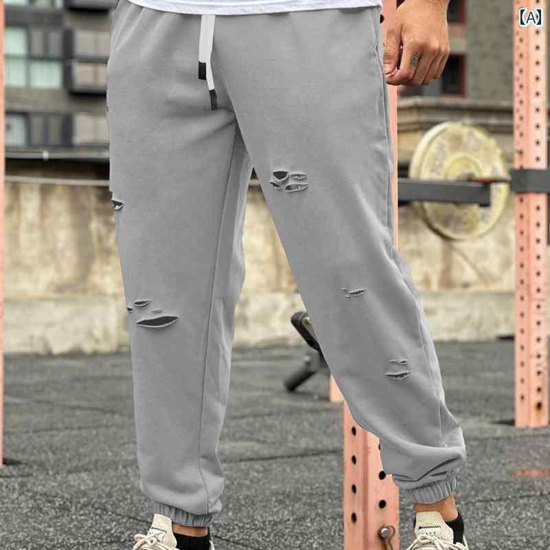 メンズ カジュアル パンツ スウェット 秋 アメリカン リップド フィットネス ヘビー ニット スポーツ ヒット ストリート 古風 レッグ
