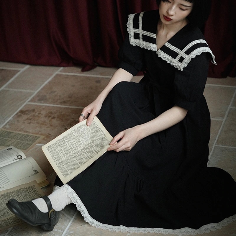 ビッグカラー ワンピース 綿100 セーラー襟 ロングワンピース 半袖 夏 配色 レース 黒 レトロ