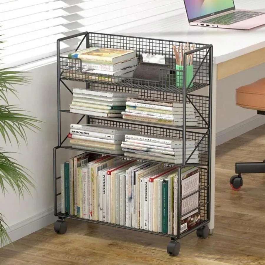 本棚 収納棚 ブックシェルフ デスクサイド本棚 キャスター付き スリム ファイルワゴン 本立て 大容量 教科書 雑誌収納 学校オフィス用 Black1265