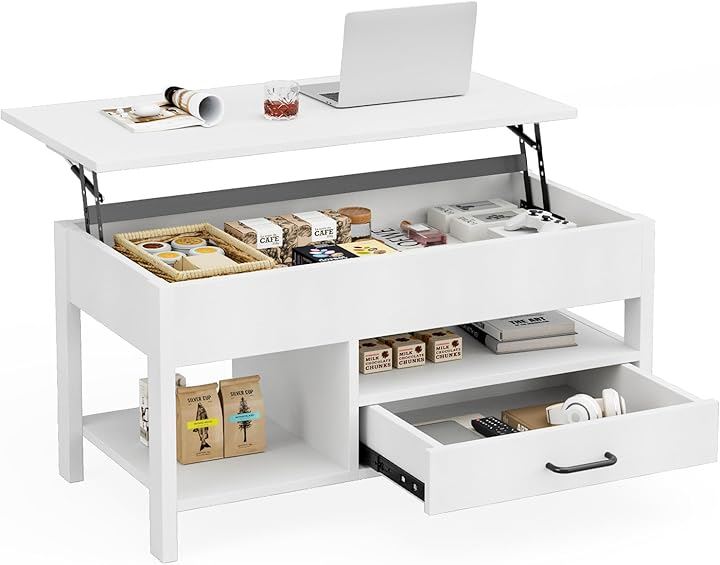 ローテーブル 昇降式 木製 コーヒーテーブル 引き出し付き 収納付き センターテーブル 大容量収納リビングテーブル 高さ調整リフティングテーブル(ホワイト, 幅90x奥行45)