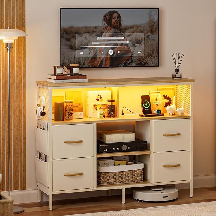 チェスト収納 タンス 棚付き 箪笥リビング収納チェスト LEDライト付き テレビボード おしゃれ 収納ケース 引き出し 大容量 布製 (ベージュ, 幅110x奥行30x高さ82cm)