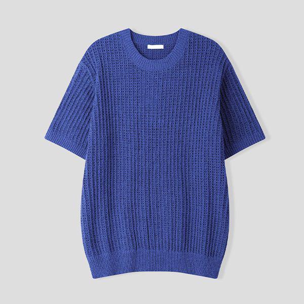 メンズ コルク スカシ ラウンド 半袖 ニットTシャツ AS KNH Q015 ブルー_P422469435