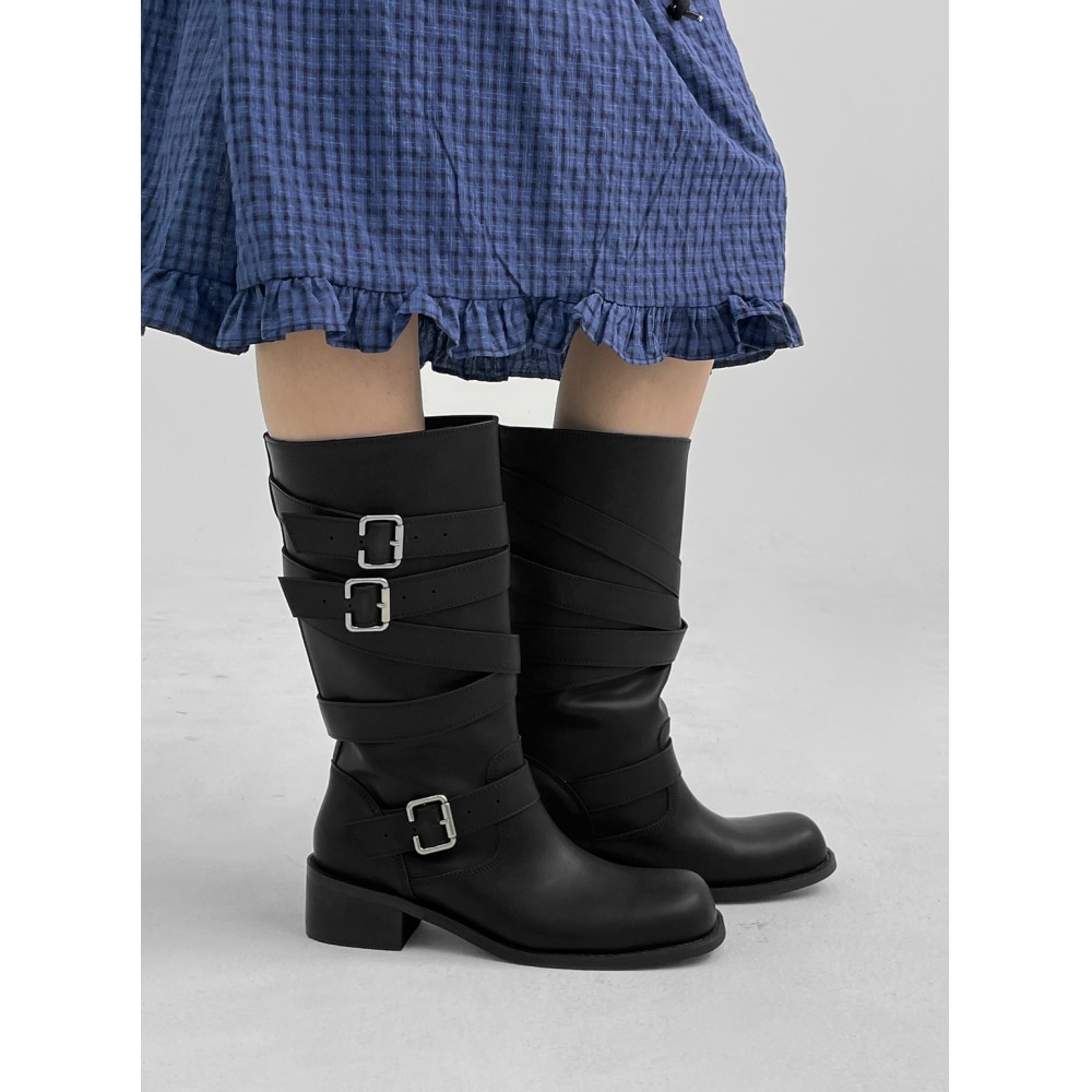 ブラックアップ【春新品】ザゴールディバックルレザーロングブーツ