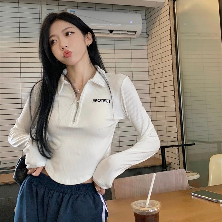 トップス Tシャツ ポロシャツ ショート丈 袖あり 長袖 襟付き ポロカラー スリム 細身 ファスナー プルオーバー 薄手 大人可愛い きれいめ シンプル カジュアル 大人 上品 お洒落 かっこいい