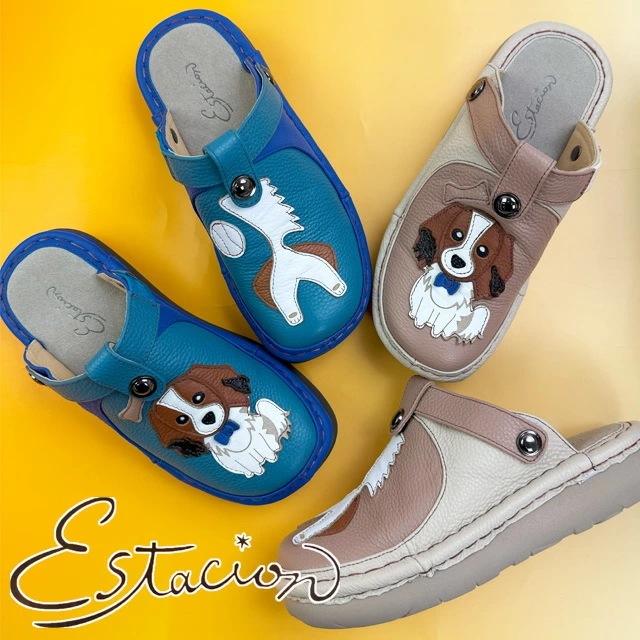 エスタシオン レディース クロッグサンダル ワンちゃんモチーフ 本革 2WAY 疲れない サボサンダル 痛くない カジュアルシューズ 履きやすい 犬 TGE241-1B ブルー/コンビ オーク/コンビ