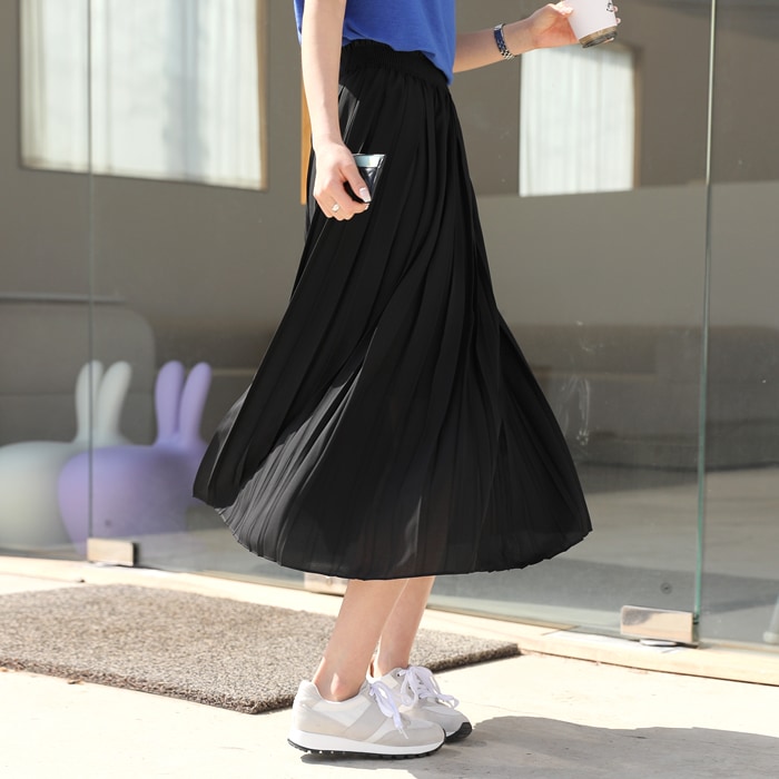 [bbaebbae] 落ち感のあるとろみプリーツスカート ウエストゴムロングスカート (送料無料)おしゃれなシルエットのファッションコーデー提案ハイクォリティー/韓国ファッション