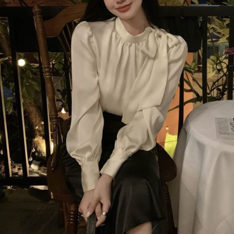 ボウタイネック サイドリボンタイ 首元ギャザー ロングカフス きちんと感 清楚 トップス シャツシャツ・ブラウス