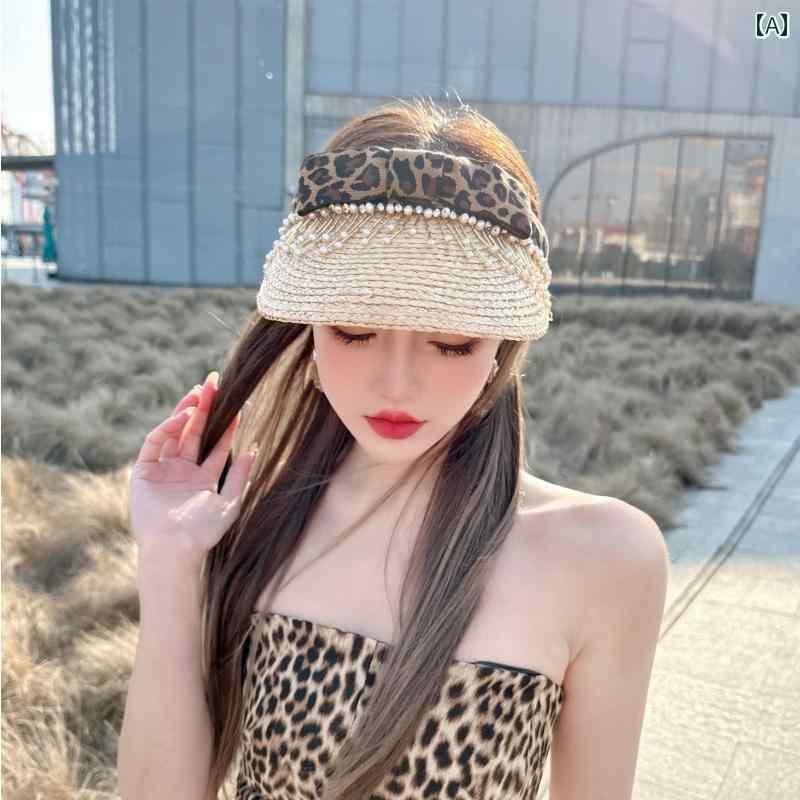 サンバイザー レディース 帽子 ヒョウ柄 レオパード 春夏 ラフィア リボン タッセル サンシェード 麦わら