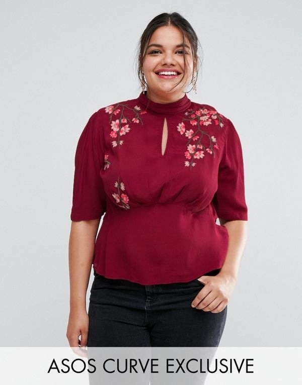 ASOS エイソス レディース 大きめサイズ ゆったりサイズ 送料無料 Oxblood CURVE Tea Blouse With Embroidery