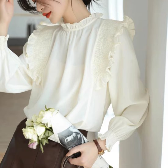 フリルカラーブラウス レディース 長袖ブラウス シャツ プルオーバー スタンドカラー ハイネック フリル ギャザー シャーリング レトロ クラシカル 2color エレガント ガーリー おしゃれ