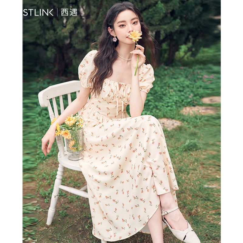 ベージュ・フレンチ・フローラル・ドレスワンピース パーティードレス パーティドレス ドレス ロングドレ パーティードレス 結婚式 二次会 ワンピース