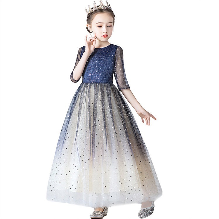 ネイビー　ラメ　子供　ワンピース　キッズ　ドレス　ロングドレス　長袖　子供ドレス　子供ワンピース　レースドレス　プリンセスドレス　キッズワンピース　女の子　ガール　演出舞台　結婚式　春新作　七五三　発
