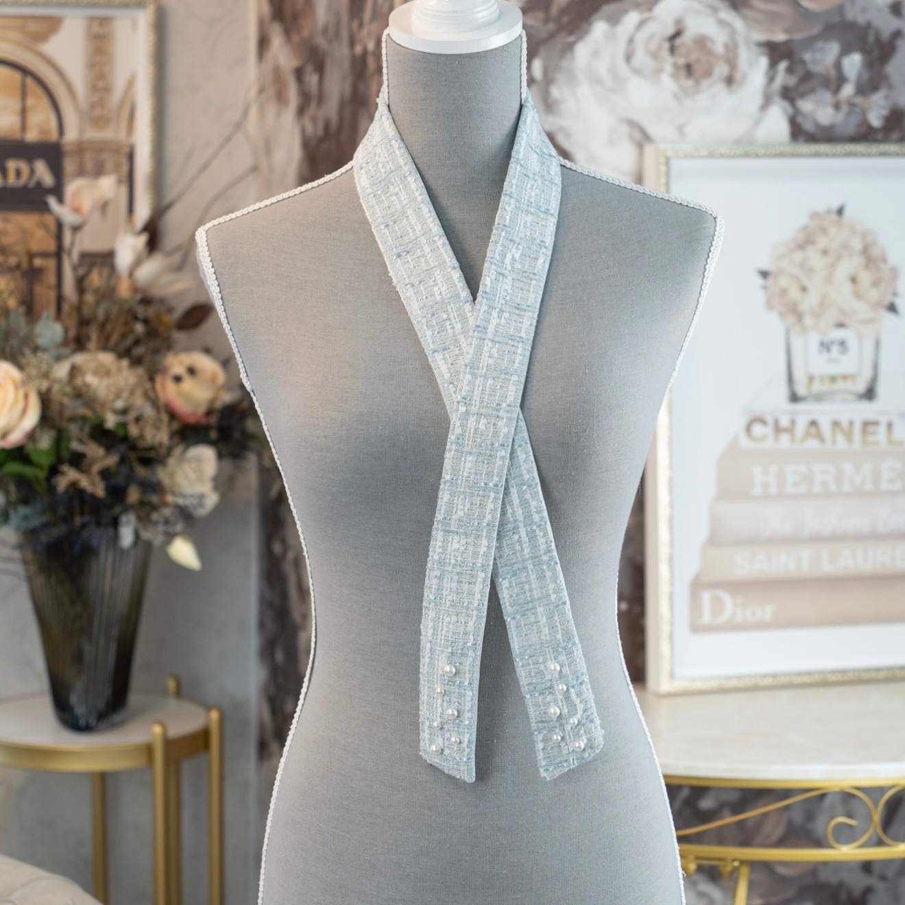 Aqua marshmallow pearl ツイードリボンスカーフ