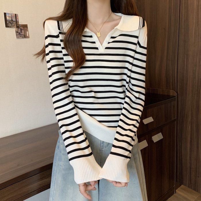 襟付き 長袖ニット ボーダー レディース キーネック 配色 トップス ポロシャツ風 ニット セーター 長袖 プルオーバー ストライプ