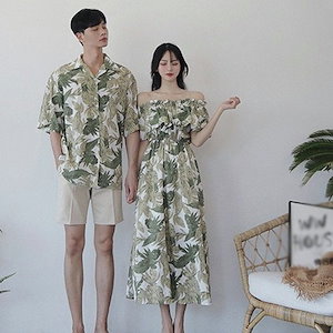 ペアルック カップル ワンピース 半袖 グリーン シャツ かわいい メンズ レディース 韓国風 綿 新婚旅行 シャツ ご夫婦