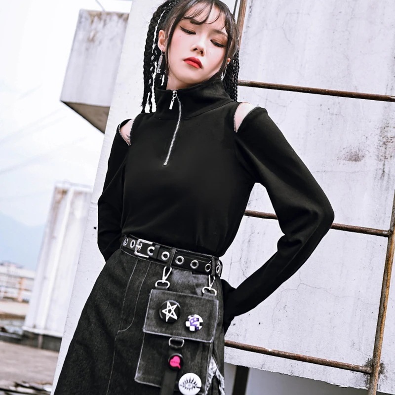 肩だし トップス ハーフジップスウェット カットソー 長袖Tシャツ レディース 黒 2WAY