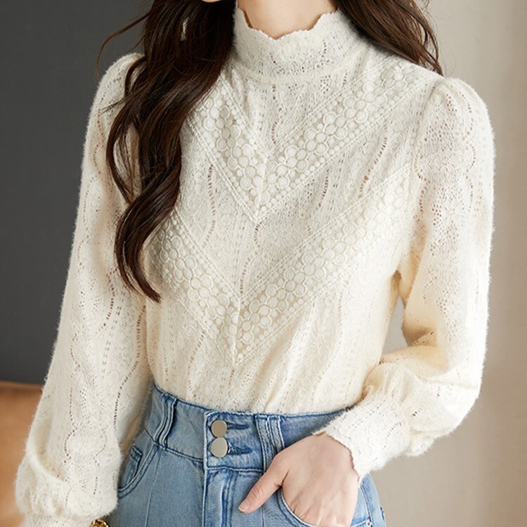レディース トップス ブラウス 長袖 ハイネック レース かわいい 大人可愛い きれいめ シンプル 上品 おしゃれ こなれ感 ガーリー エレガント 主役級 存在感 ラブリー キュート ロマンティック