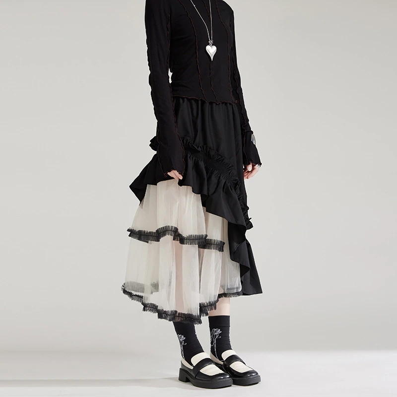 【J.Fashion】 チュールドッキング ロングスカート プリーツ 個性的なデザイン 関連商品は店で購入可能 メガ割30%までに制限