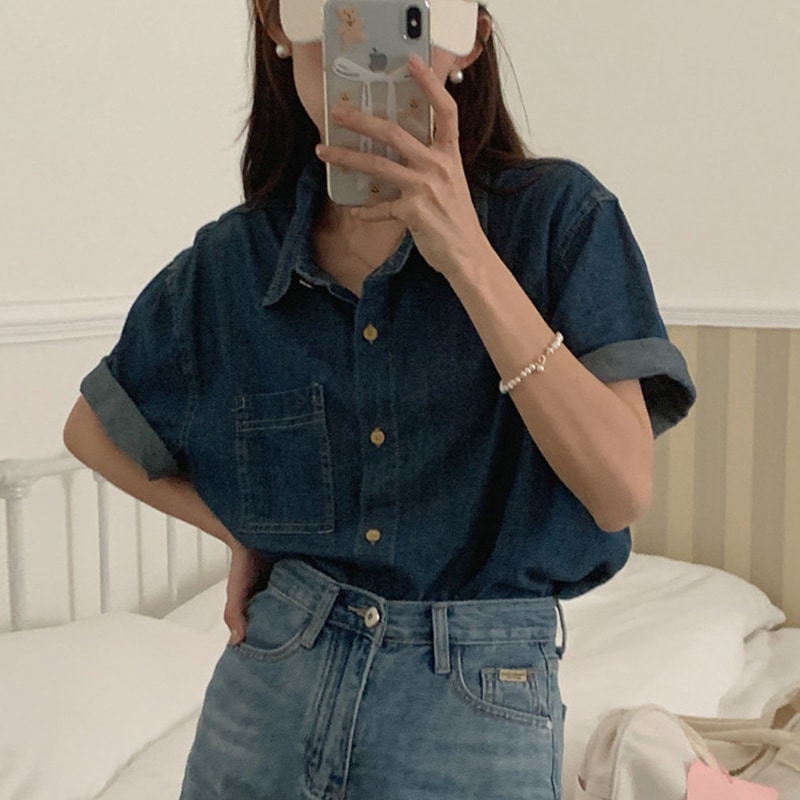 レディース トップス シャツ デニム 羽織 前開き 普通丈 半袖 袖あり 襟付き ポロカラー ワイド フェミニン ポケット ボタン ヴィンテージ アメカジ 中厚手 かわいい 大人可愛い きれいめ