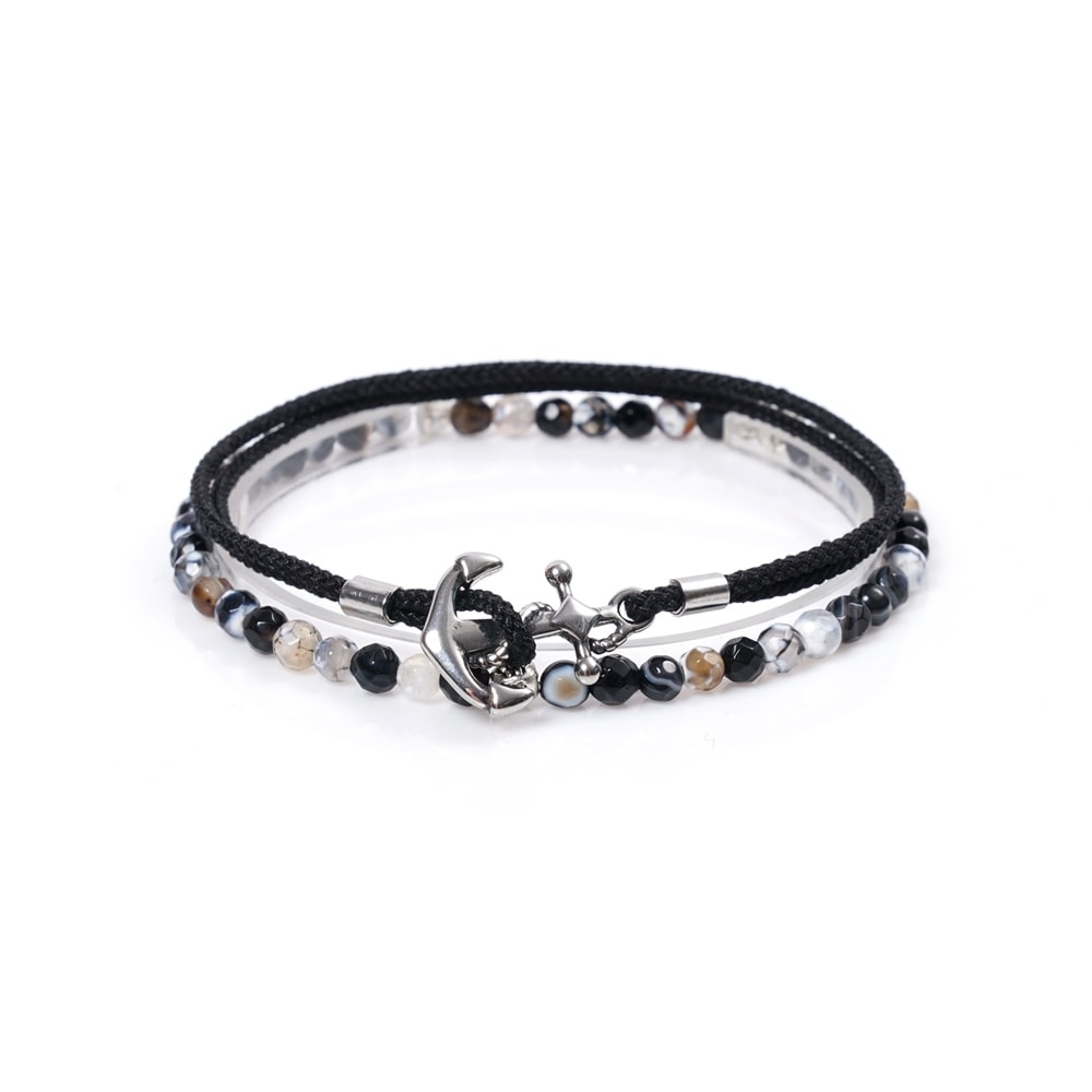 JBANS クラシックブラックアゲート 279BK サージカルスチールアンカー 738BK レザーブレスレットセット (C2101-SE189_BK)