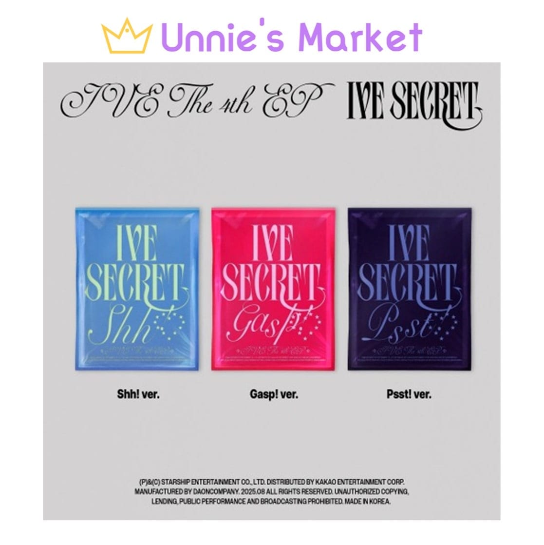 [SET] IVE [IVE SECRET] The 4th EP Album (Shh / Gasp / Psst! Ver.) + Free Fan-made Photocard 1EA