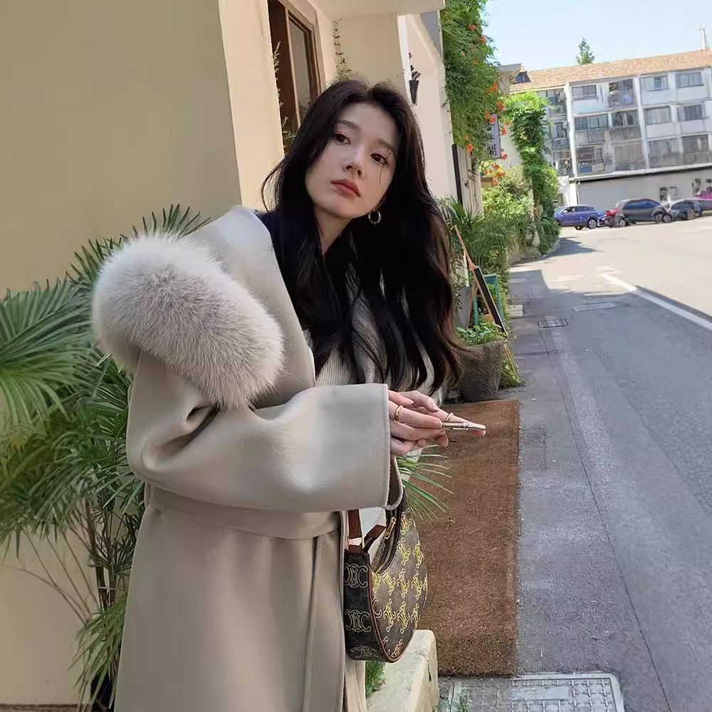 【急速出荷】フランス式怠惰秋冬の新型フード付き両面カシミヤコートの中にキツネ毛襟毛があるコート女