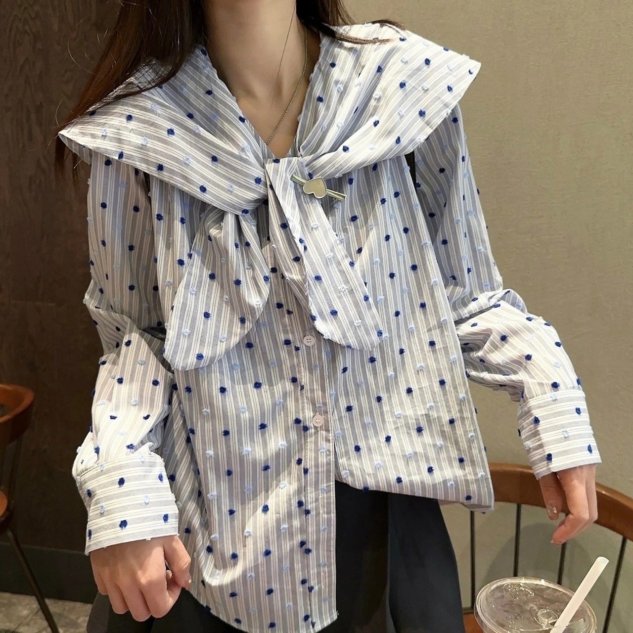 2024秋冬トップスシャツ長袖ストライプボタン襟ピューリタンカラーセーラー襟リボン秋青ブルーおしゃれかわいい韓国ファッションレディースお出かけ