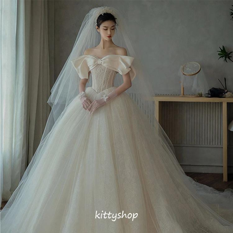 ウェディングドレス ビスチェドレス 花嫁ドレス トレーンドレス 袖あり 結婚式ドレス ホワイトドレス オフショルダー白 Aライン 海外挙式 二次会ドレス 披露宴